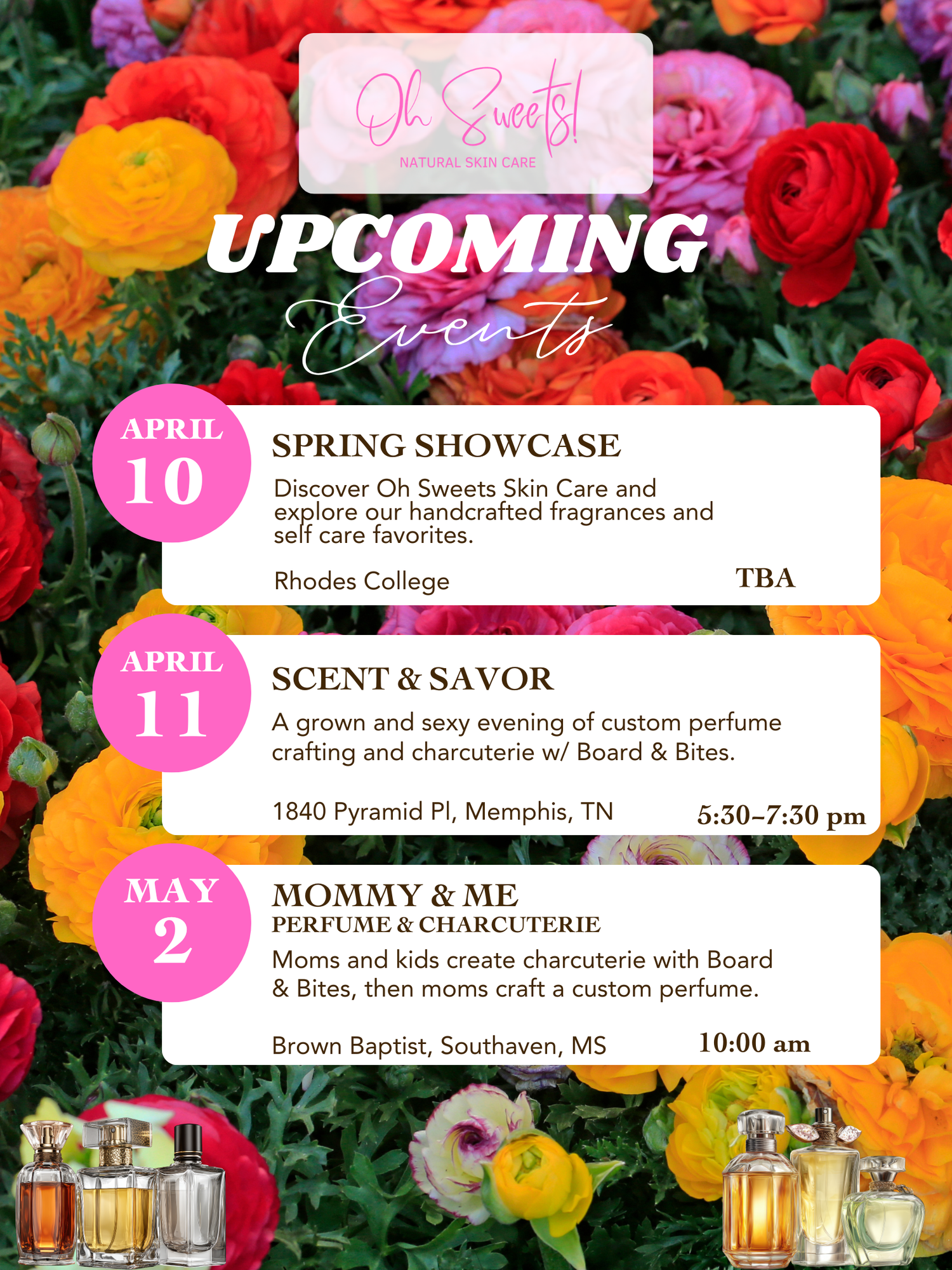 Promotional flyer for upcoming events with floral background and product images.