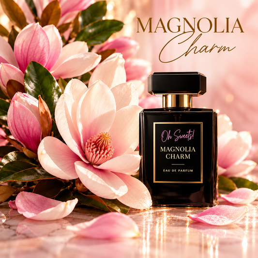 Magnolia Charm graphic with the black-and-gold Oh Sweets perfume bottle